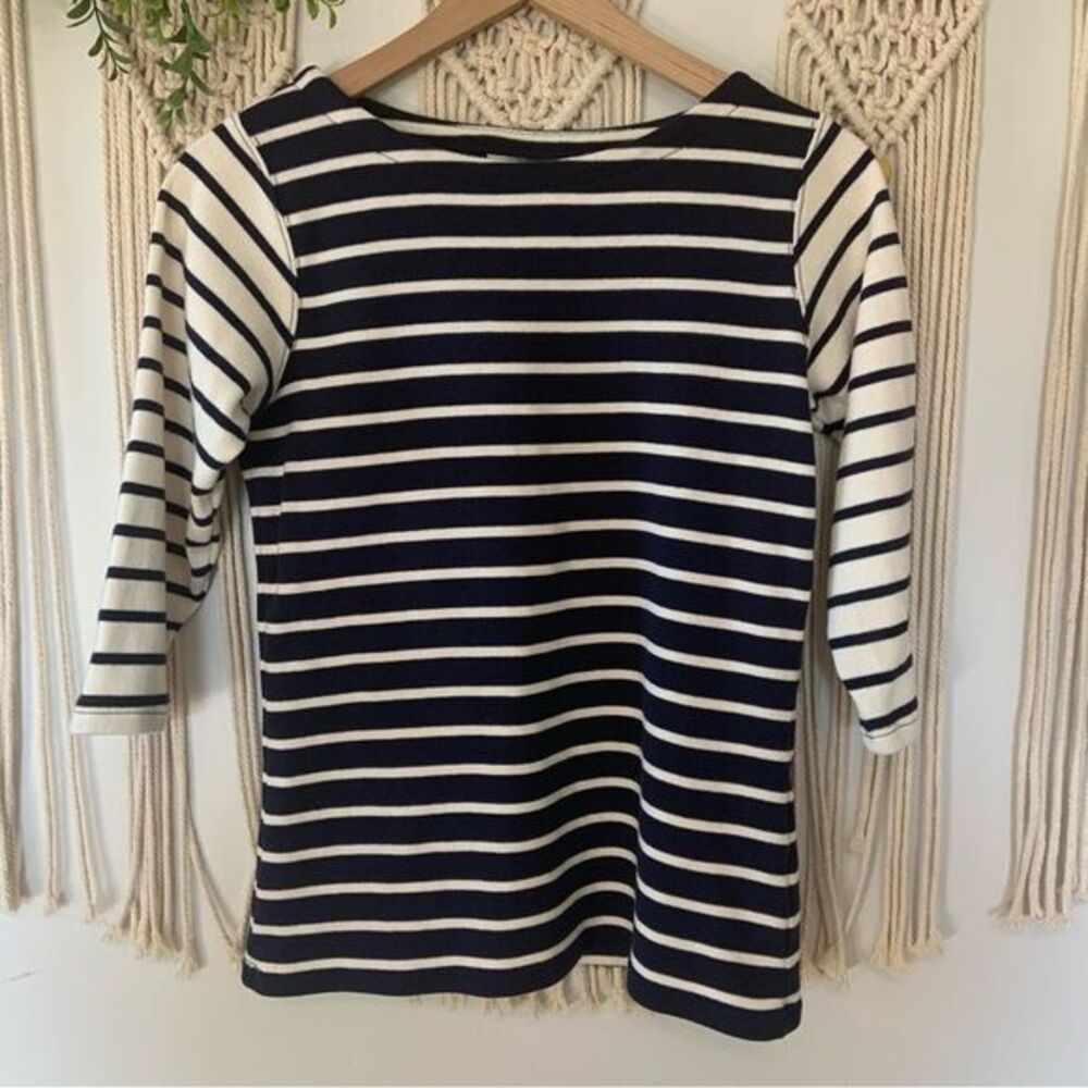 L.L. BEAN Women’s Striped 3/4 Sleeve 100% Cotton Boat Neck‎ Top Navy White Small